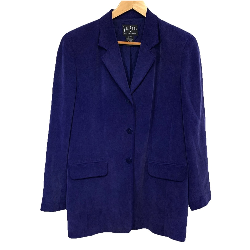 Via Seta Purple Silk Jacket‎ Blazer 3 Button Sz 12 Longer Length Pockets Classic